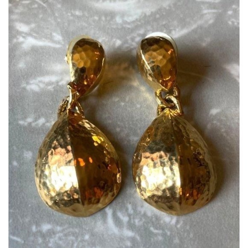 Vintage Avon Hammered Gold Tone Pierced Earrings Dangle Large